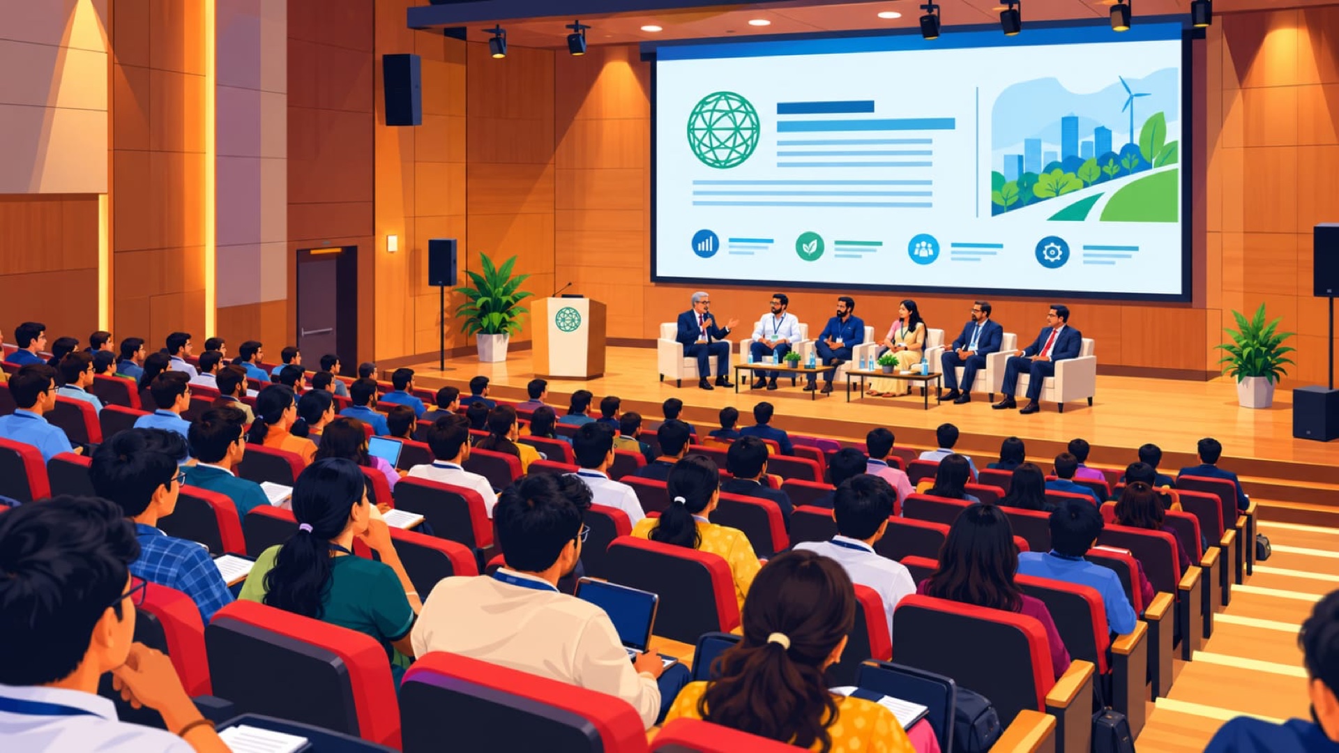 A panel of speakers on stage in a packed auditorium with a sustainability slide behind them