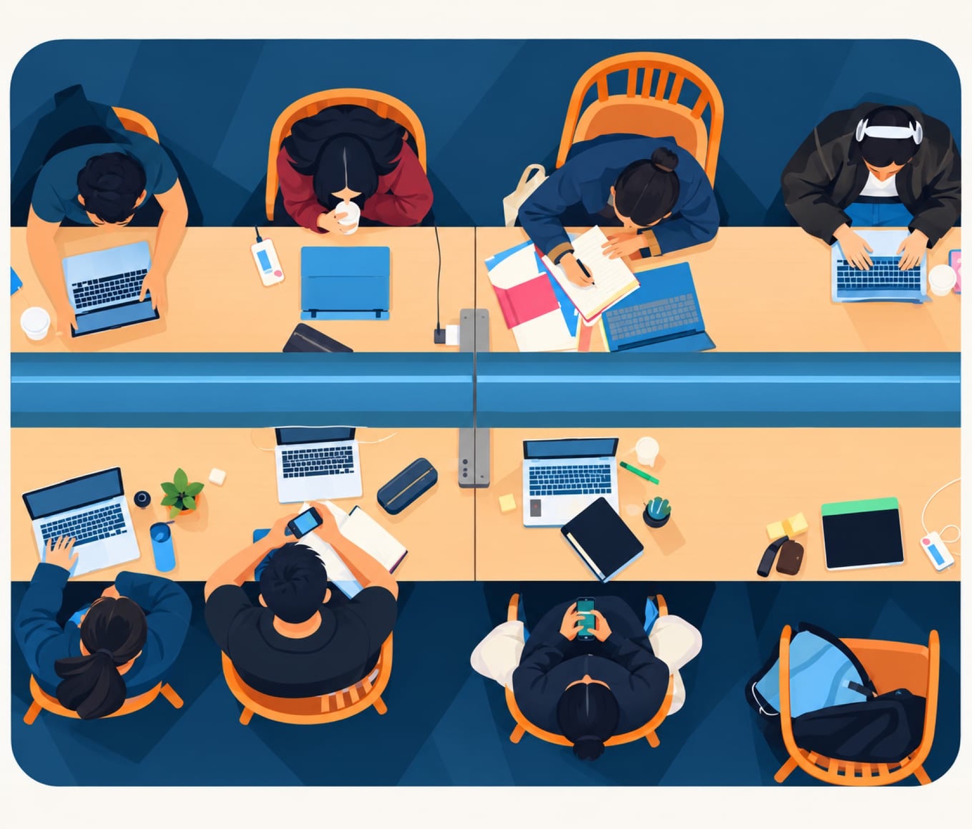 Overhead view of two long tables where students collaborate on laptops, notebooks and phones