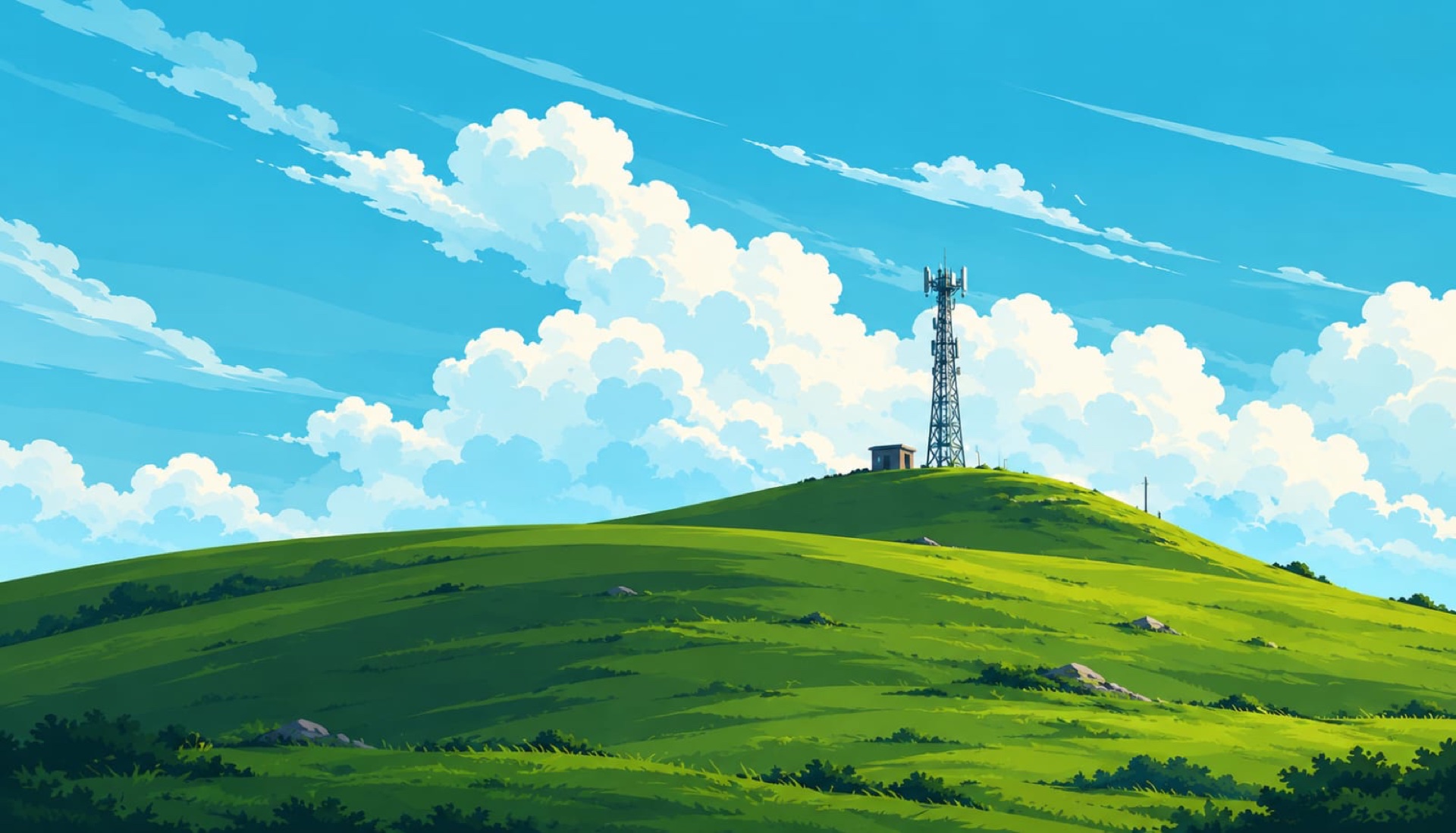 A cell tower on a quiet green hilltop under drifting clouds