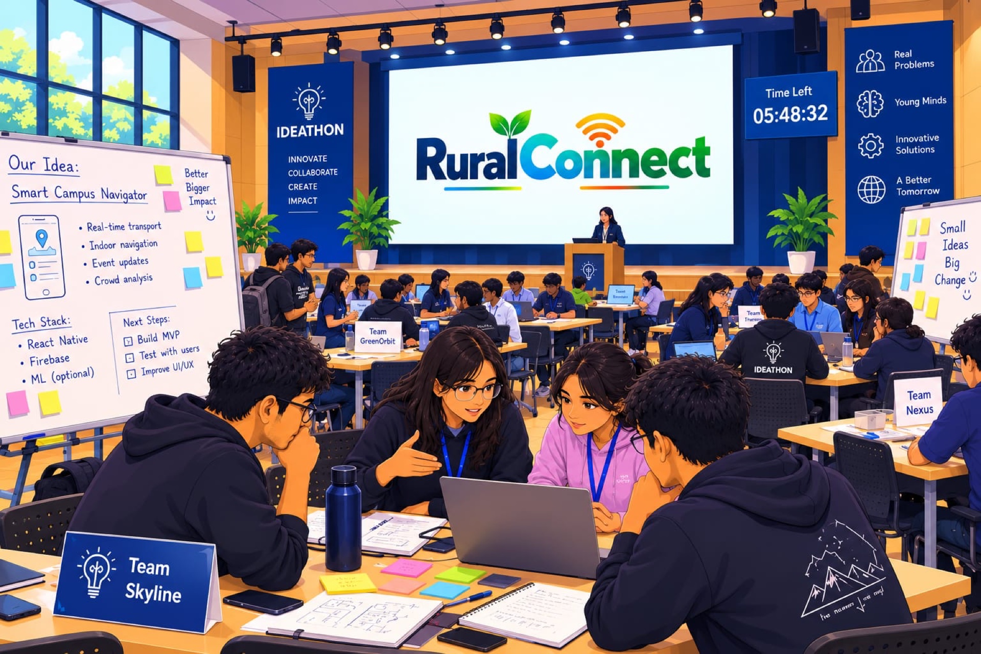 An ideathon hall with teams gathered around tables, whiteboards, and the RuralConnect banner on stage