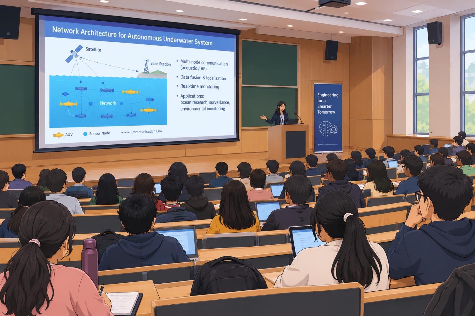 A speaker at a university lectern presenting a networking architecture slide to a seated audience