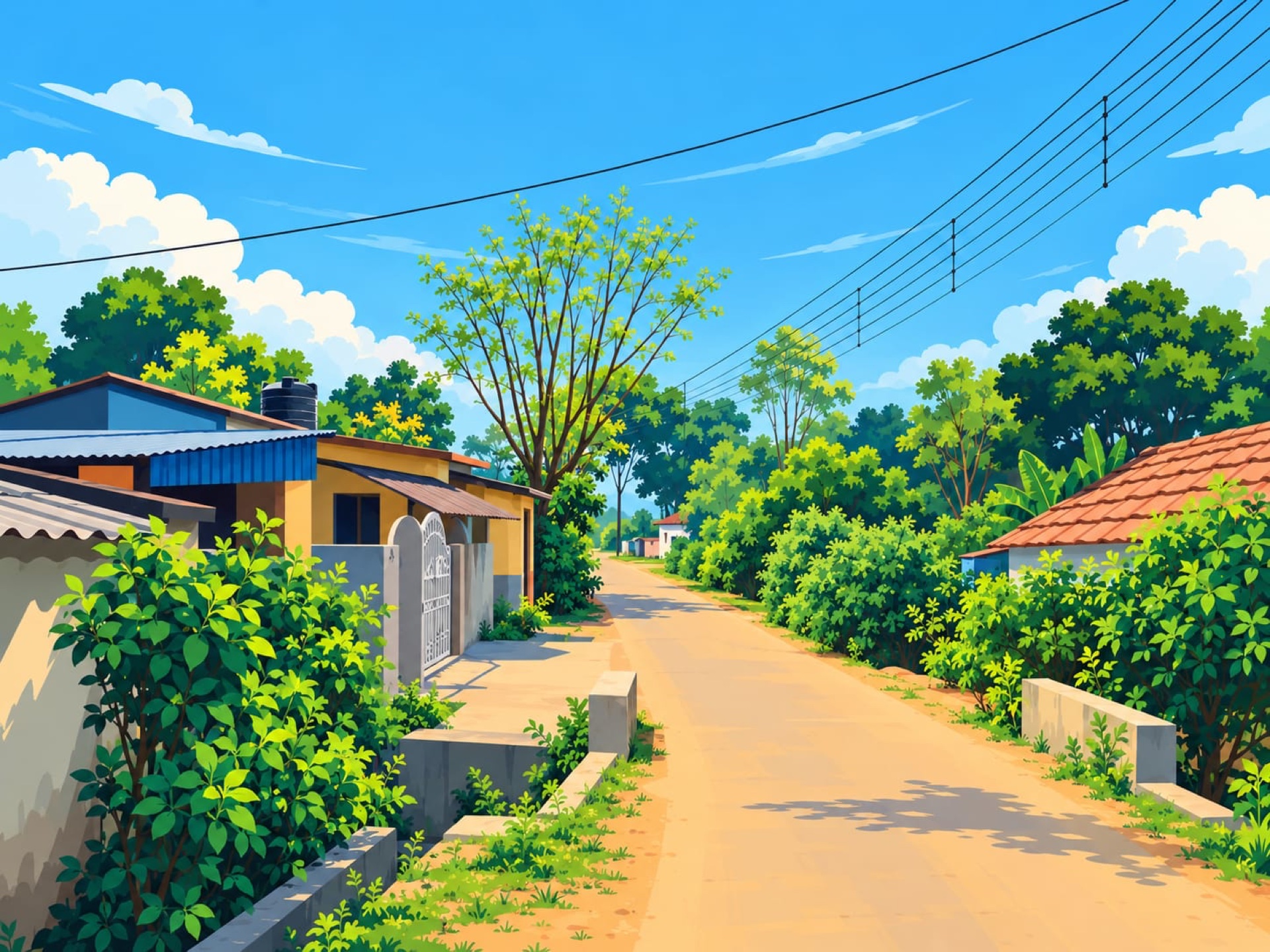 A sunlit village lane with tiled-roof homes, dense greenery and overhead power lines running down the road