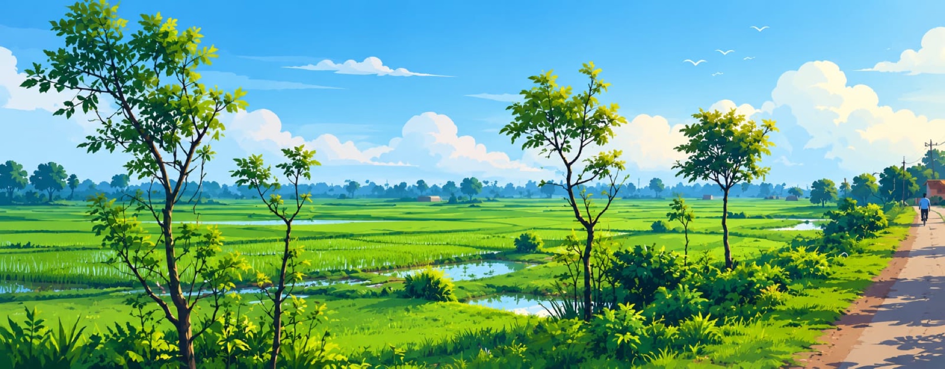 A wide panorama of lush paddy fields and a tree-lined village road under a bright blue sky